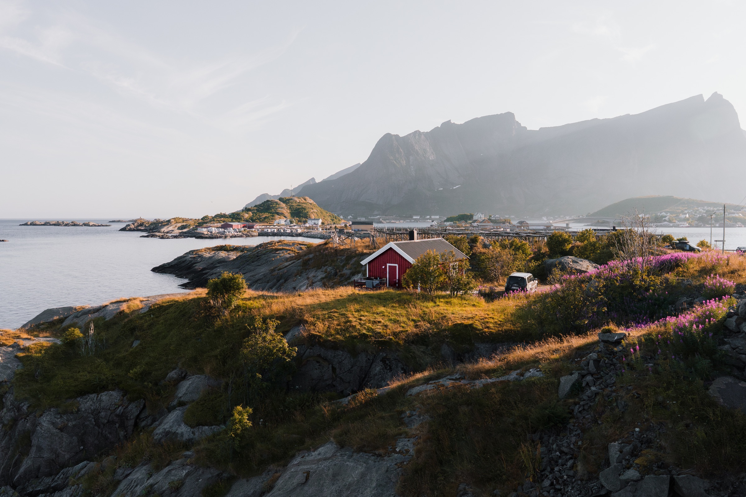Red rorbuer fishing cabins beside the sea during an Arctic summer in the Lofoten Islands